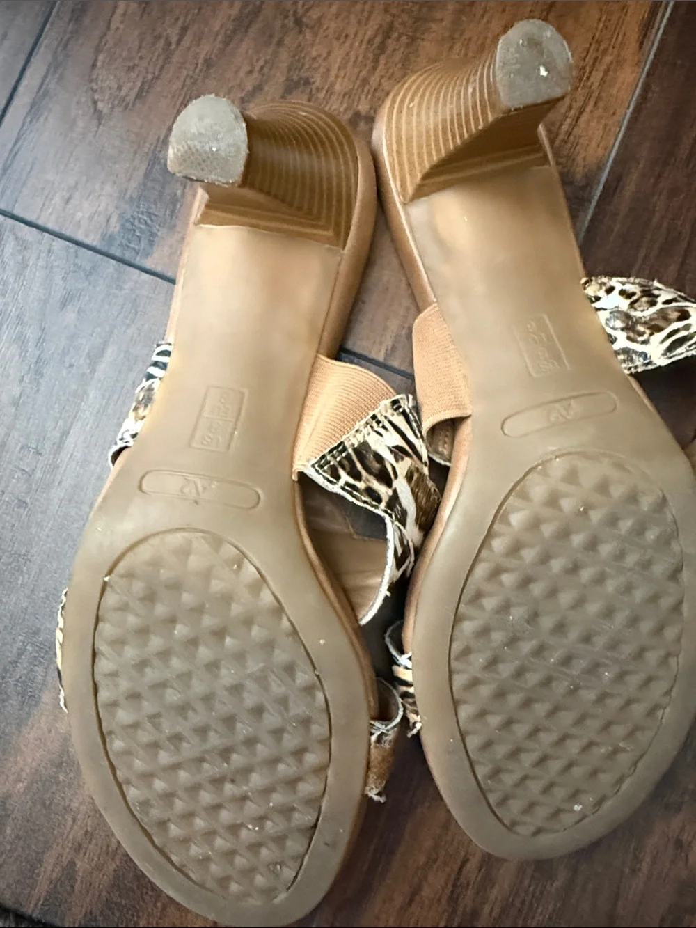 A2 By Aerosoles Animal-Print Heeled Slide Sandals in Black and Tan